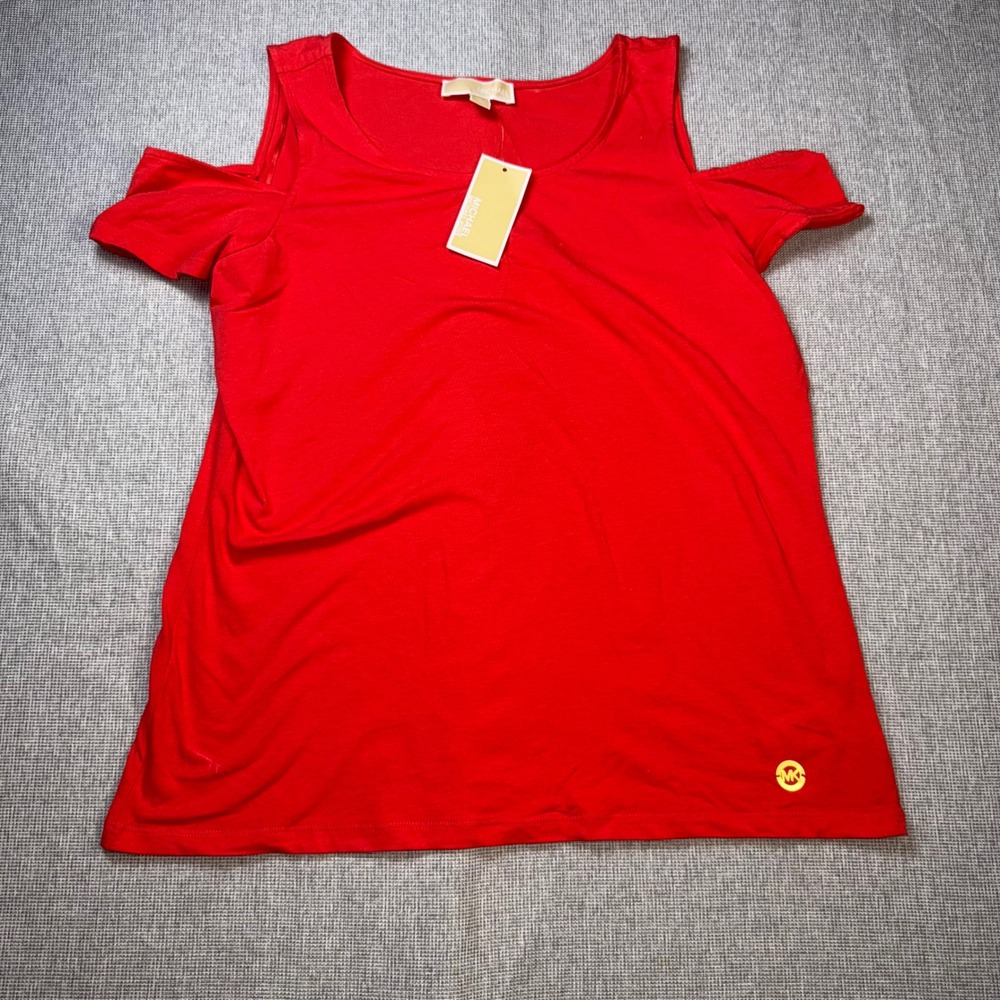 Michael Kors Womens Cold Shoulder Top Coral Reef Red Scoop Neck MK Logo L NEW